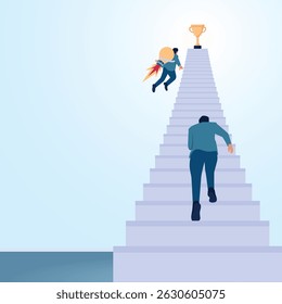 A man is heading towards the top of an idea with a rocket. A metaphorical illustration for shortcuts, strategies and the fastest way.