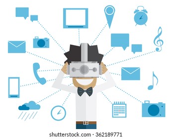 Man and head-mounted display. Vector illustration. Image in flat design style. Virtual Reality concept. 