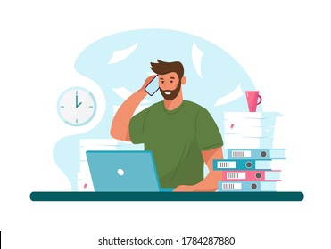 Man with headphone and computer, call center, customer service and support. Flat vector illustration concept of distance work, distance education