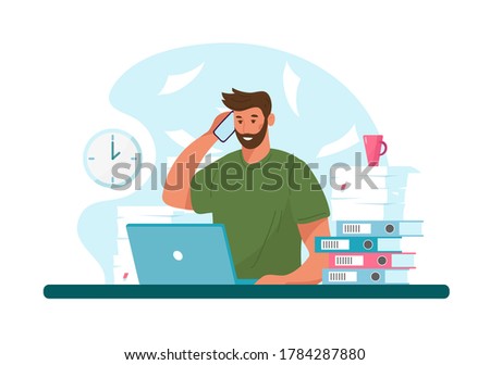 Man with headphone and computer, call center, customer service and support. Flat vector illustration concept of distance work, distance education