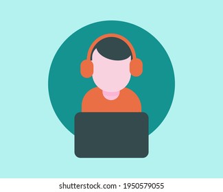 Man with headphone and laptop. Cartoon vector style for your design.