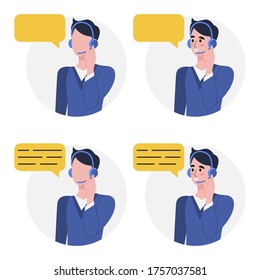 Man in headphone talk on microphone. Male avatars in four versions. Concept illustration for support, assistance, call center. Vector flat illustration
