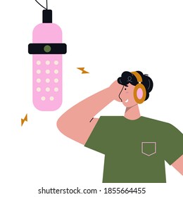 Man with headphones and a big microphone recording audio podcast or online show. Vector flat illustration