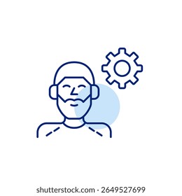 Man in headphones and cogwheel. Audio settings, personalized listening, sound configuration, media control, user audio preferences. Pixel perfect, editable stroke vector icon