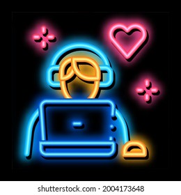 Man in Headphones at Computer neon light sign vector. Glowing bright icon Man in Headphones at Computer Sign. transparent symbol illustration
