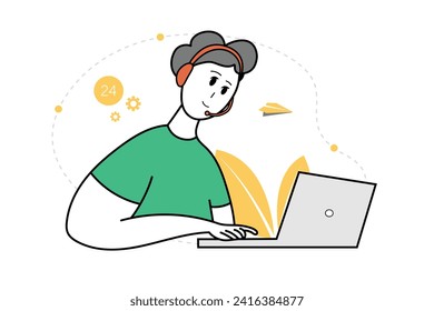 Man with headphones and with computer. Online support, customer service, call center, freelancer or student. Vector illustration.