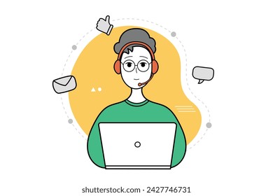 Man with headphones and with computer. Online support, customer service, call center, freelancer or student. Vector illustration.