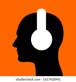 Man with headphones and earphones on the head. Person is listening the music. Vector illustration.