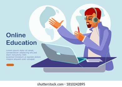A man with headphones in front of the computer on the background of the map. Vector concept of a web page for online training or business