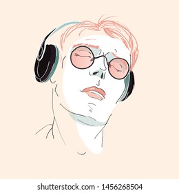 man with headphones and glasses. portrait. sketch