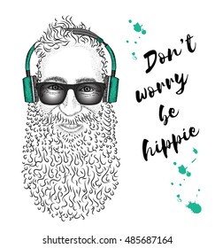 Man in headphones. Hipster painted by hand. Vector illustration