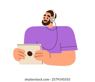 Man in headphones, holding digital tablet computer, speaking during remote call, video conference. Online communication with pad device in hands. Flat vector illustration isolated on white background