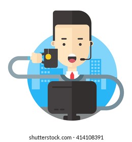 Man with headphones holding a mug of tea sitting in front of computer. Flat vector illustration