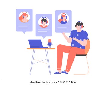 Man in headphones at home or in the office at a desk with a laptop and a microphone. Communication with the team via video online, urgent meeting, remote work, freelance. Vector flat illustration.