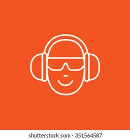 Man in headphones line icon for web, mobile and infographics. Vector white icon isolated on red background.