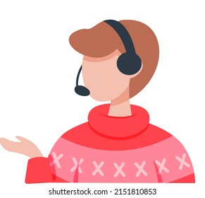 Man In Headphones Listening To Audio Program. Online Meetup, Video Conferencing. Concept Of An Online Meeting, Communication. Business Team Work, Education, Work From Home, Teleconference Technology