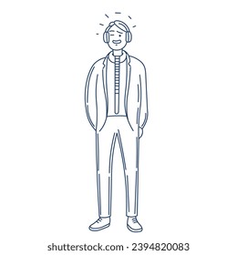 a man in headphones listening to music and dancing. Vector illustration in blue line doodle art, flat style.