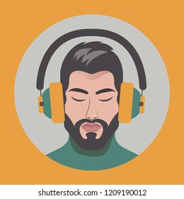 Man in headphones listening to music with his eyes closed, hipster listening to song. ESP10 vector illustration