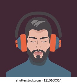 Man in headphones listening to music with his eyes closed, hipster listening to song. ESP10 vector illustration