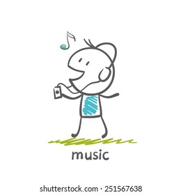 man with headphones listening to music player and illustration