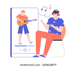 Man with headphones listens to classical music from a smartphone. The guitarist plays a concert. Vector flat illustration.