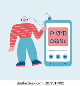 A man with headphones listens to a podcast in a mobile app. Webinar, online training, training podcast, radio show concept. Media hosting doodle drawing. Vector illustration in flat style