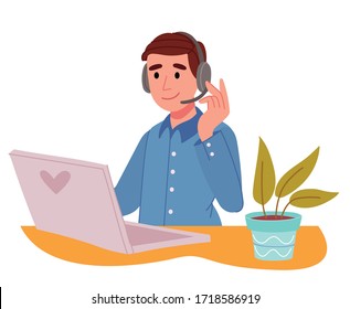 Man with headphones and microphone with computer .  Call center, hotline . Customer support   .Call center, hotline flat vector illustrations. Consulting and assistance, service call center concept.