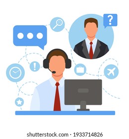 A man in headphones with a microphone at the computer. Office work. Online customer service. Helping clients. Illustration for call center, support, hotline, telemarketing. Vector in flat style.