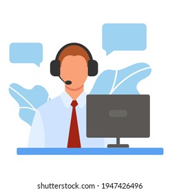 A man in headphones with a microphone at the computer. Office work. Online customer service. Helping clients. Illustration for call center, support, hotline, telemarketing. Vector in flat style.