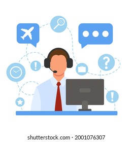 A man in headphones with a microphone at the computer. Office work. Online customer service. Helping clients. Illustration for call center, support, hotline, telemarketing. Vector in flat style.