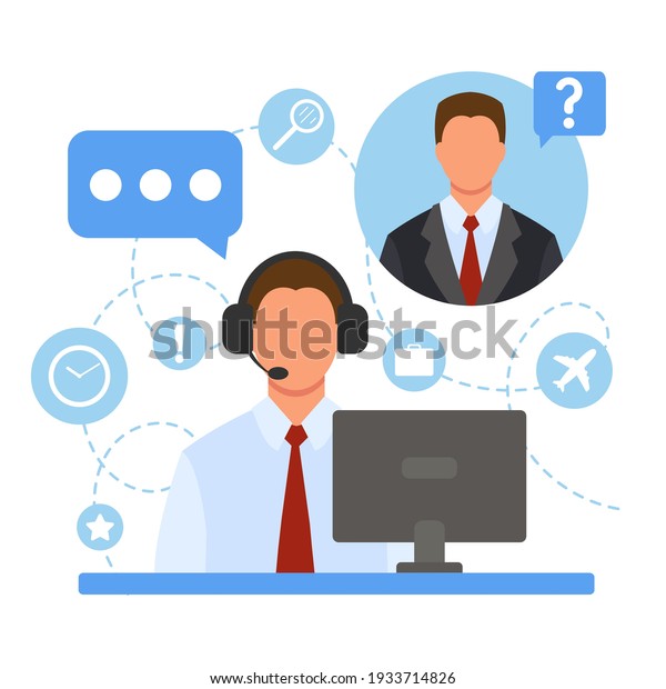 A man in headphones with a microphone at the\
computer. Office work. Online customer service. Helping clients.\
Illustration for call center, support, hotline, telemarketing.\
Vector in flat style.