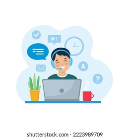 Man with headphones and microphone with laptop. Concept illustration for support, call center. Customer service.Vector illustration 