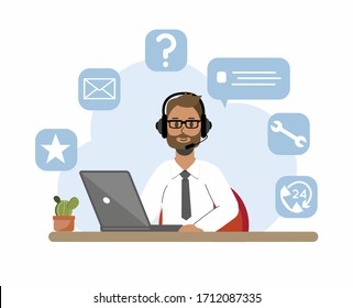 A Man With Headphones And A Microphone With A Laptop. Customer And Operator Concept, Online Technical Support 24/7 Support For Web Page, For Help, Call Center. Online Assistant, Virtual Help Desk. 