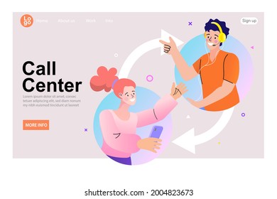 man with headphones and microphone with laptop. Customer service landing page. call center operator avatar. Online user or client support centre. Work, job, hotline Vector illustration in flat design