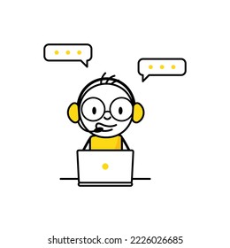 Man with headphones and microphone with laptop. Operator with phone call or chat to assist customer. Call center, online customer support concept. Vector stock illustration