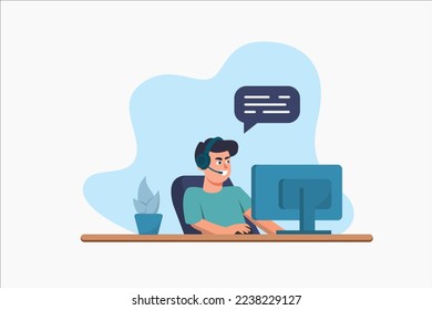 Man with headphones and microphone with laptop. Vector illustration call center specialist. Concept for support, assistance, call center.