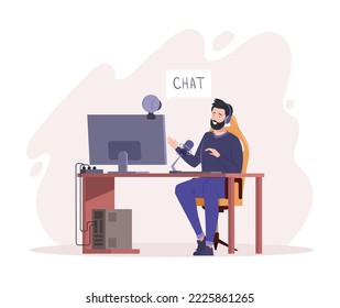 Hombre con auriculares y micrófono sentado en el ordenador conversando en línea. Clientes de consultoría de operadores de líneas de ayuda para hombres. Centro de llamadas, servicio al cliente, operador de línea directa, vector de soporte técnico