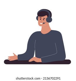 Man with headphones and microphone talking. Customer support operator, call center, interview, radio, podcast, online show, vlog concept. Flat vector illustration.