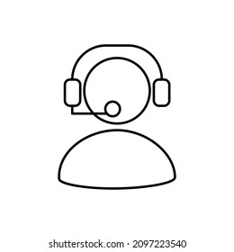 Un hombre con audífonos y micrófono. Concepto de soporte al usuario. Icono de vector simple de contorno en blanco y negro con líneas delgadas. Grosor de línea modificable