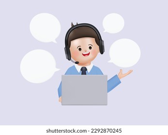 Man with headphones and microphone working on laptop computer. Customer support website. Concept illustration for support, assistance, call center. Cartoon minimal style.