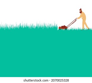 Man in headphones mows the lawn with a lawn mower. Conceptual flat vector illustration.