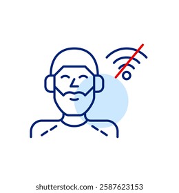 Man in headphones and no wi-fi symbol. Disconnected audio, podcast loading. Pixel perfect, editable stroke vector icon