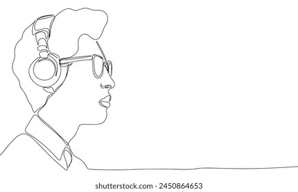 Man with headphones one line continuous. Line art Man with headphones. Hand drawn vector art.