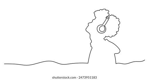 Man with headphones one line on a white background. One line continuous music banner concept. Vector illustration.