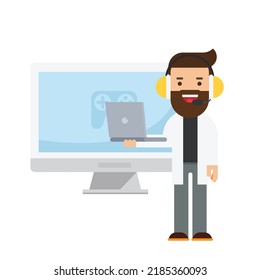 Man in headphones playing games at computer