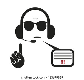 Man in headphones with a raised finger warning of the danger isolated over white background. Vector illustration.