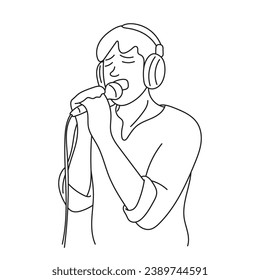 man in headphones singing in recording studio illustration vector hand drawn isolated on white background