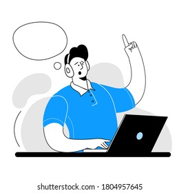 A man in headphones sitting at the computer and talking on the phone. Vector illustration on the theme of call center.