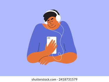 Man in headphones sitting holding smartphone in hand listening music, audiobook, podcast. Male character watching video by mobile phone, listening to online radio, audio book. Art vector illustration