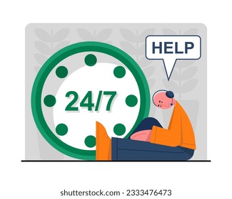 Man with headphones sitting near big clock and sleep. Customer service, hotline operators, technical global support, customer support department staff. Flat vector illustration in cartoon style